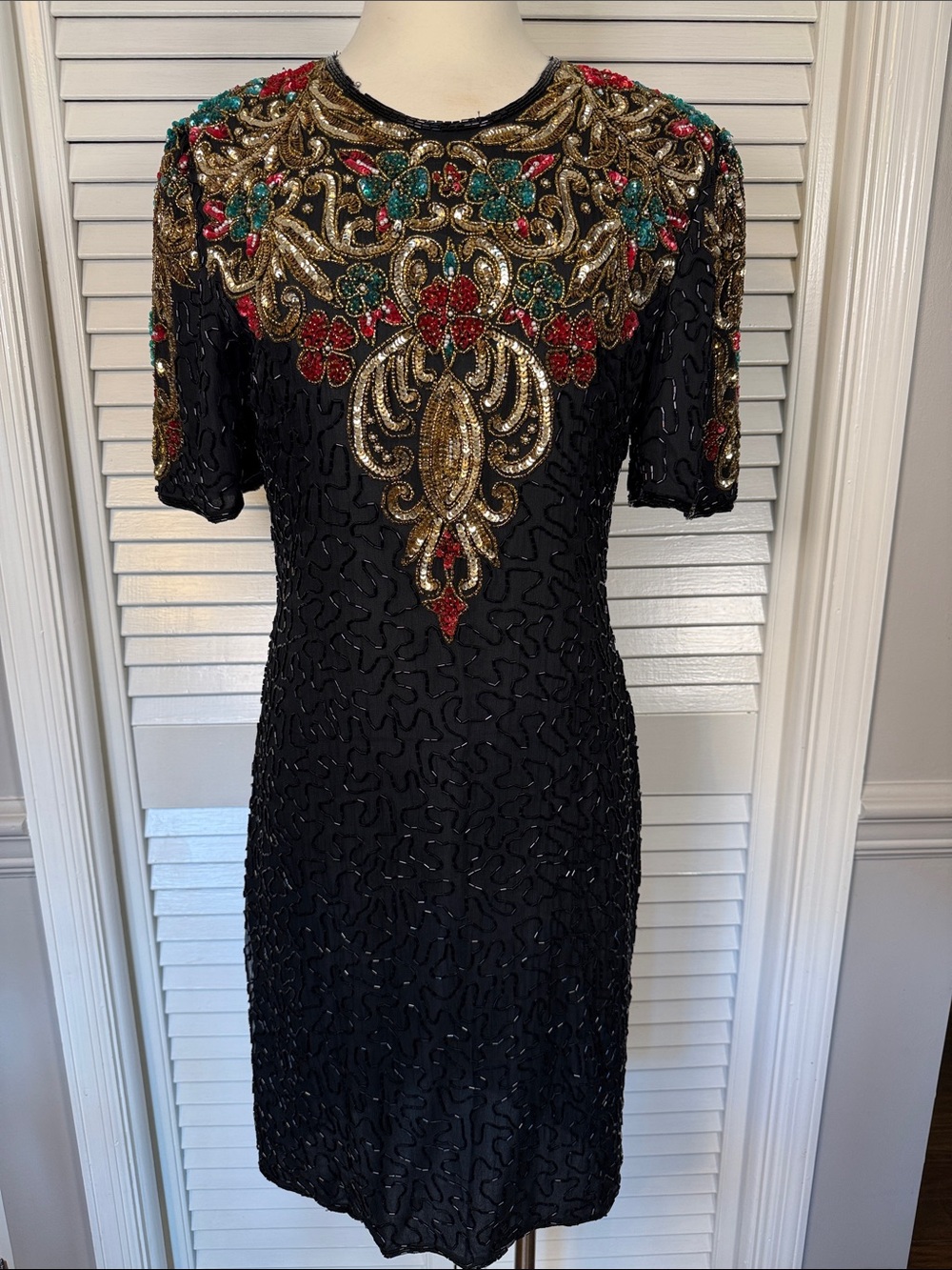 VTG Scala Silk Fully Beaded Sequin Cocktail Dress Floral Black Size Medium